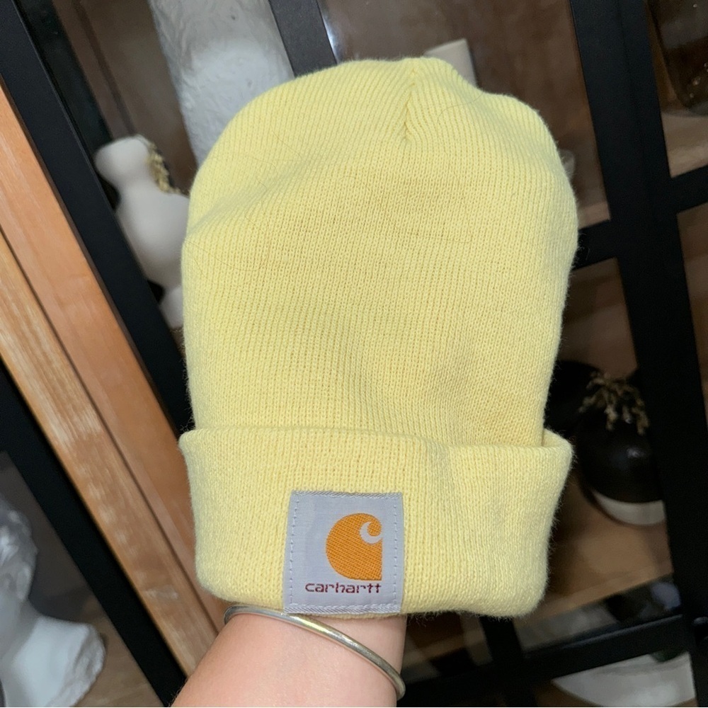 Carhartt WIP beanie hat logo patch unisex knit foldover acrylic limoncello watch